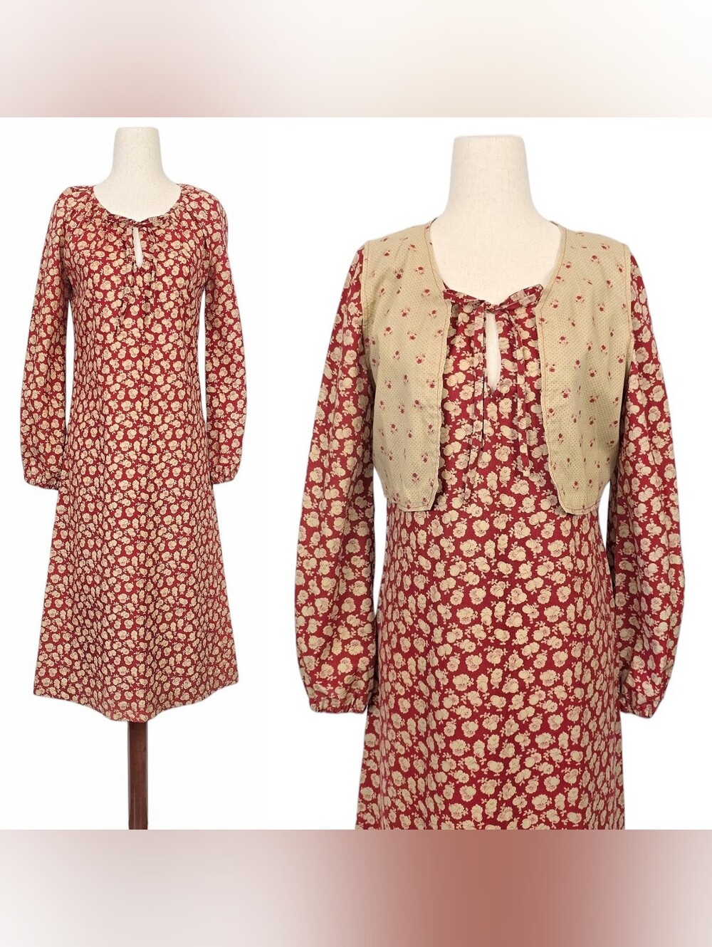 1970s Vintage Dress Cropped Vest Set Cotton Hippie Boho 70s Handmade XS Small